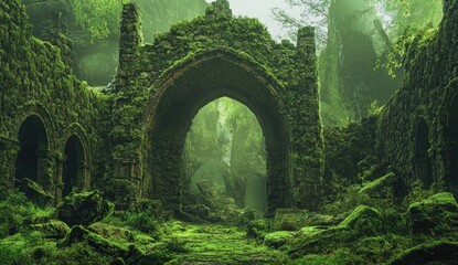 Ancient overgrown ruins in a mystical forest. Lush green moss covers ancient stone structures