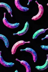A vibrant collection of speckled bananas in a dynamic arrangement against a dark background.  The fruit is depicted in shades of pink, purple, and teal, exhibiting a playful, energetic aesthetic.