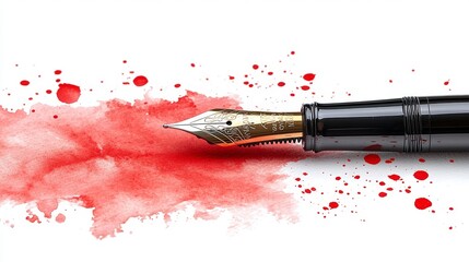 A fountain pen sitting on top of a red ink splatter