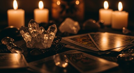 Close-up photo of a mystical arrangement with clear crystals, tarot cards and lit candles. The crystals have pointed shapes and a transparent texture.