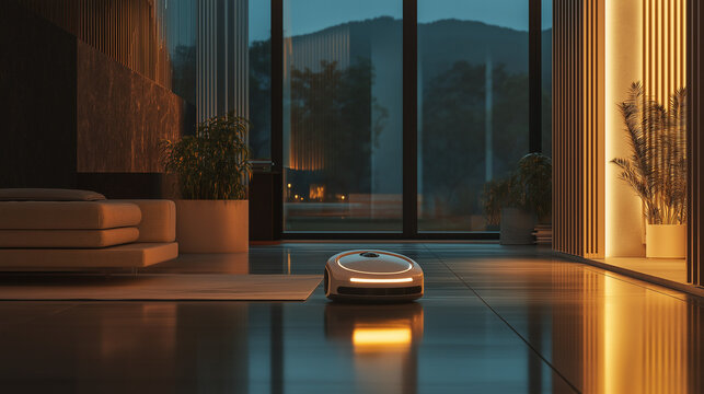 A richly detailed view of a robot on the floor of a living room at night.