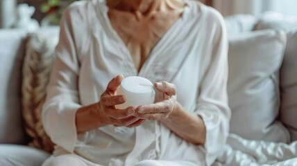 Relaxation and self care concept with person holding cream jar for skincare routine at home