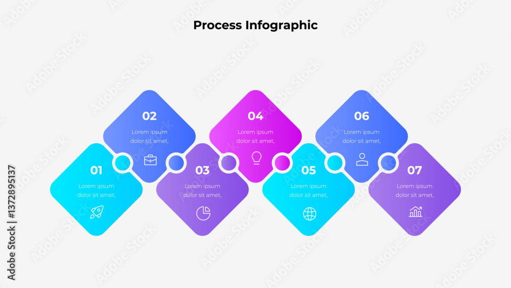 Poster Infographic template featuring seven interconnected elements displaying process steps with icons. Perfect for presentations, workflow visualization, and business strategy illustrations