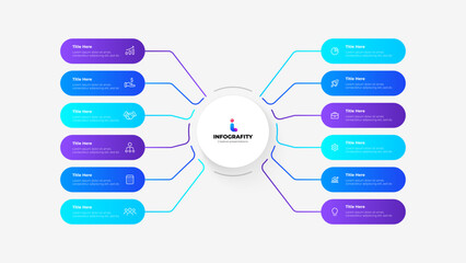 Circular infographic layout showcasing diverse business concepts and key details, featuring sections and connectors, perfect for professional presentations, data displays, or corporate communications.