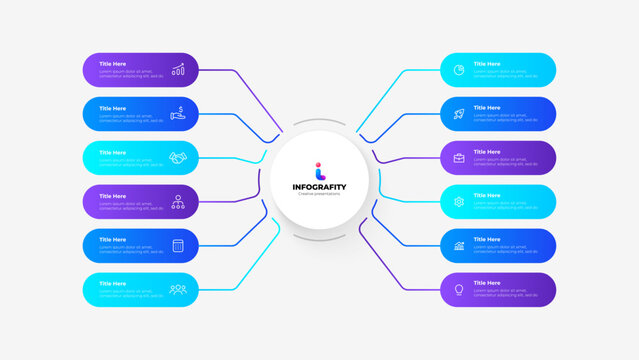Circular infographic layout showcasing diverse business concepts and key details, featuring sections and connectors, perfect for professional presentations, data displays, or corporate communications.