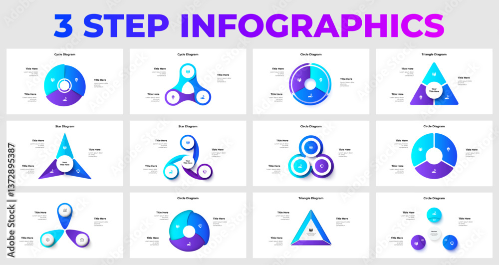 Poster Infographic featuring multiple three step diagram styles including circles, triangles, and star patterns, ideal for business presentations and data visualization