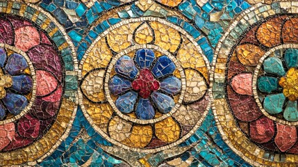 Obraz premium Three floral mosaic patterns in circular designs with blue gold