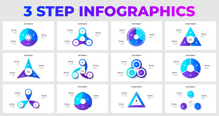 Infographic featuring multiple three step diagram styles including circles, triangles, and star patterns, ideal for business presentations and data visualization