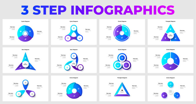 Infographic featuring multiple three step diagram styles including circles, triangles, and star patterns, ideal for business presentations and data visualization