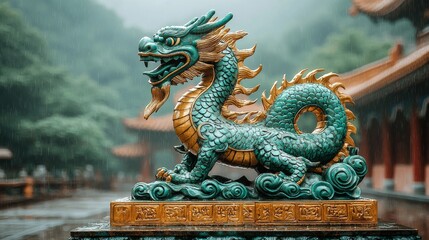 Fototapeta premium A statue of a green and gold dragon in the rain
