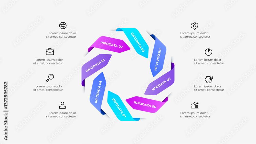 Aufkleber modern infographic design with 8 segments and icons representing business, growth, and operations, s