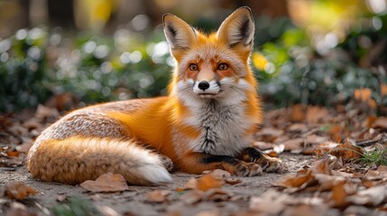 A red fox laying on the ground in the woods