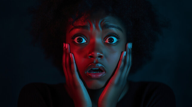 A vibrant scene showing a black woman with a shocked expression on her face.