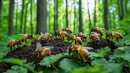 Obraz premium A group of bees on a mound of dirt in the woods
