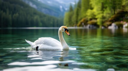 A stunning swan swims gracefully across a crystal clear lake, surrounded by vibrant greenery, showcasing beauty and serenity in a peaceful natural landscape illuminated by sunlight.