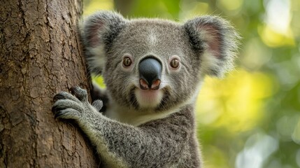 Naklejka premium A koala bear peeking out from behind a tree