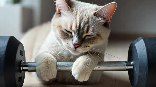 Cat exercises with a dumbbell while resting on a wooden floor in a cozy indoor setting