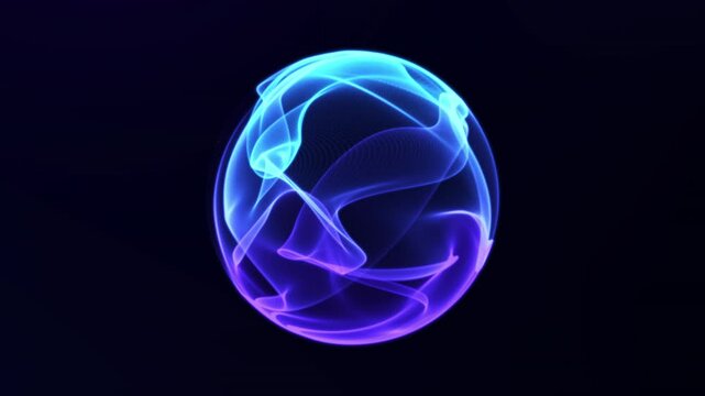 Glowing spinning energetic abstract sphere with waves and particles inside.Modern, technological, 3d, colors background. Animated glowing blue ball.Virtual assistant