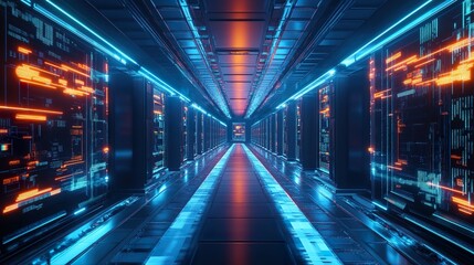 Futuristic server room hallway with blue neon lights and glowing data panels