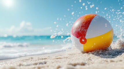 Obraz premium The beach ball rolls into the gentle waves, creating a splash, perfectly capturing a moment of summer joy and play by the serene seashore on a sunny day.