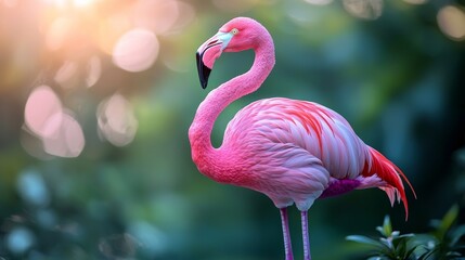 Fototapeta premium A pink flamingo standing on top of a lush green field
