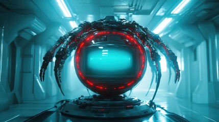 The image depicts a cyborg sphere equipped with glowing monitors and cables, manifesting an intriguing blend of technology and sci-fi elements in a sleek environment.