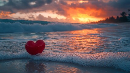 Fototapeta premium A red heart sitting on top of a beach next to the ocean