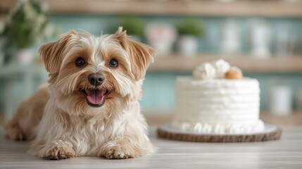 A cheerful dog with a big smile posed beside a creamy cake, representing the joy of sharing special moments, treats, and love with beloved pets in a cozy atmosphere.