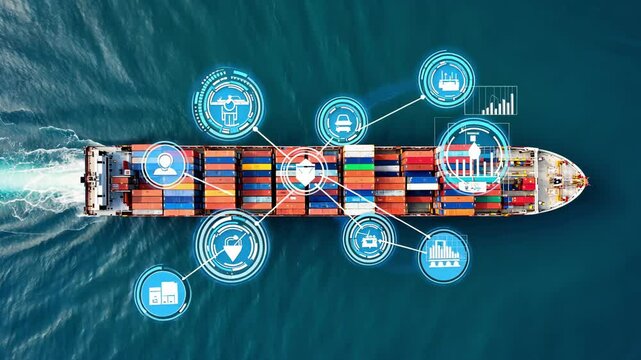Aerial view of a cargo ship with colorful containers and digital icons overlay, illustrating smart logistics, automation, and data-driven cargo management at sea. - Powered by Adobe