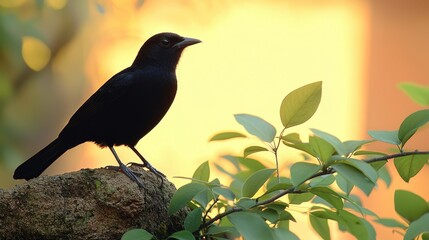 A black bird sitting on top of a tree branch
