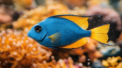 Naklejka premium A blue and yellow fish swimming in an aquarium