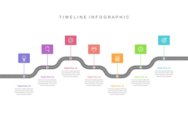 Business road map timeline infographic concept. with icons and 7 options, Corporate milestones graphic elements. workflow layout, diagram, report, web design. Creative, vector