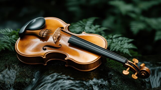 An exquisite violin rests on lush moss beside a gentle stream, enveloped in nature's tranquility, capturing the harmony between music and the serene beauty of the forest.