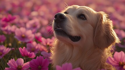 A golden retriever sitting in a field of pink flowers