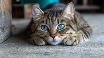 A cat with blue eyes laying on the ground