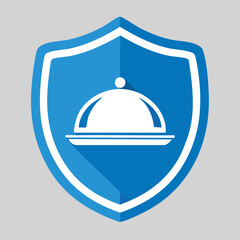 Blue shield icon with a food cloche inside. Shows catering or meal service