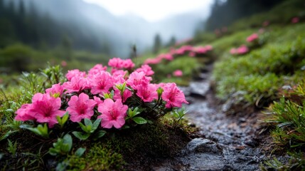 A beautiful array of pink azaleas flourishing in a misty landscape, creating a serene atmosphere filled with natural beauty and tranquility amidst lush greenery.