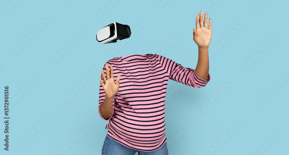 Poster Pregnant lady interacts with a virtual reality device, wearing goggles and moving hands in blank background. The modern technology showcases innovative possibilities in immersive experiences.