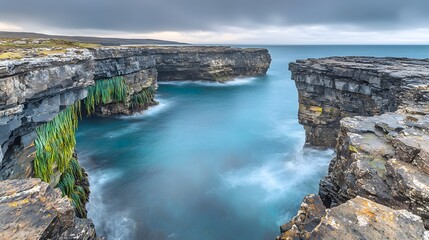 Towering sea cliffs adorned with draping emerald seaweed in a mist-enshrouded, windswept maritime panorama.