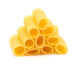 Rigatoni, tube shaped dry pasta with ridges, isolated on white background 