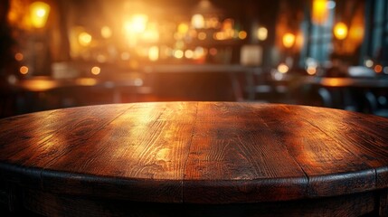 Obraz premium A wooden table in a dimly lit bar
