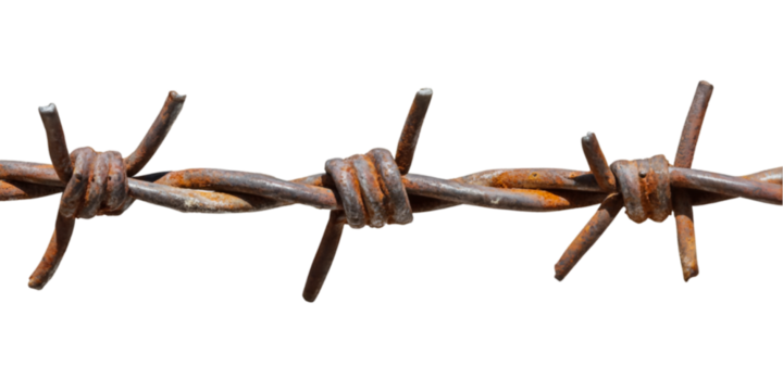 Rusty barbed wire fence detail close up