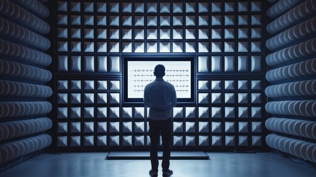 Analyst reviews acoustic waveform displayed on monitor in soundproof chamber