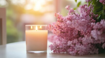 A softly lit candle glows beside a cluster of delicate purple lilac flowers on a windowsill.