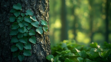 Obraz premium A tree trunk covered in green ivy in a forest