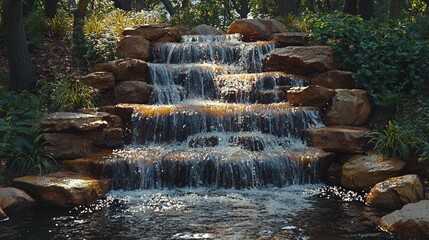 Obraz premium A small waterfall in the middle of a pond surrounded by rocks