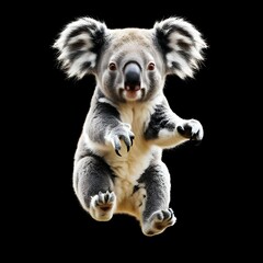 Naklejka premium realistic running koala cub on black background with dynamic motion for use in wildlife and nature visuals