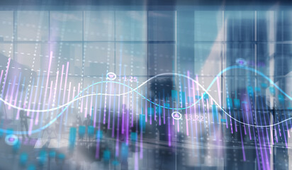 Stock market business concept. Financial graphs and digital indicators with modern city background