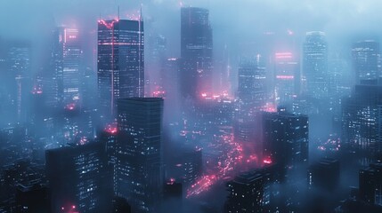 Fototapeta premium Futuristic cityscape shrouded in mist, vibrant neon lights