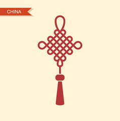 Chinese lucky knot with tassel. Lunar new year decoration. Red traditional Chinese ornament. Flat retro style icon. Vector Illustration